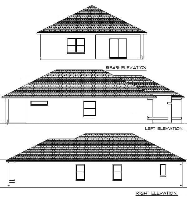 Rear, left, and right elevations of a house plan showing a hip roof, covered porch, and various window styles.