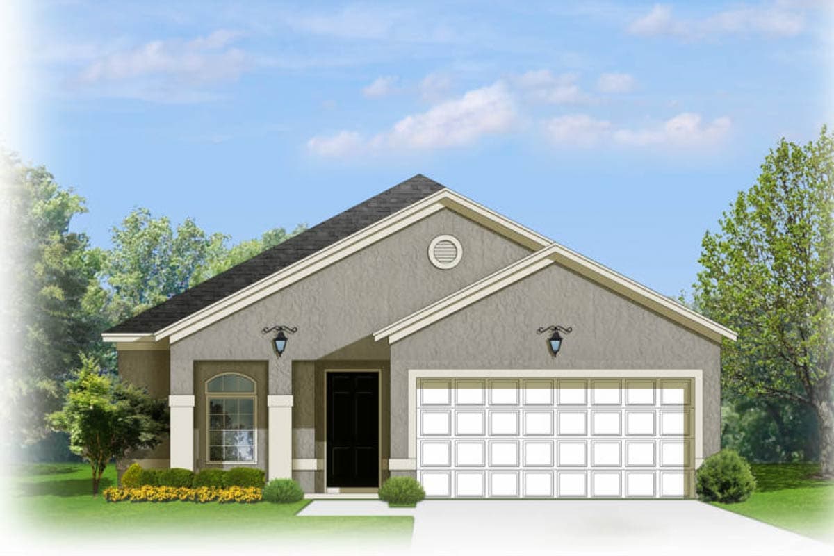House plan exterior: one-story home with a gabled roof, covered entry porch, arched window, and two-car garage.