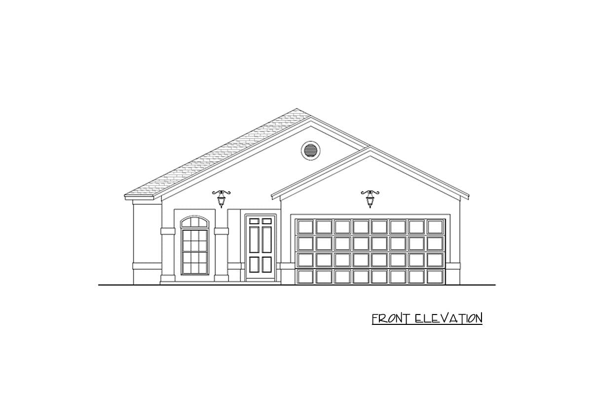 Front elevation drawing of a one-story house with a prominent gable roof, arched window, and a two-car garage.