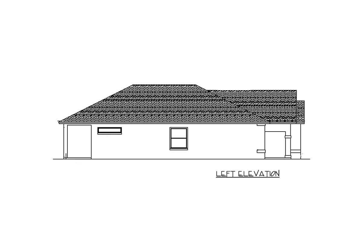 Left elevation drawing of a one-story house plan with a hip roof, garage, and two windows.