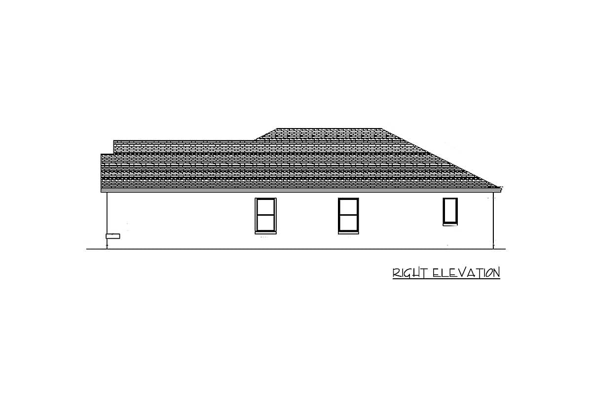 Right elevation drawing of a house plan showing a hip roof, three windows, and a vent.