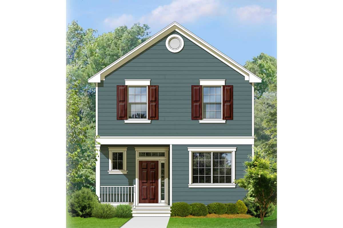 Two-story house plan exterior with a prominent gable, centered round vent, double-hung windows with shutters, and a covered front entrance.