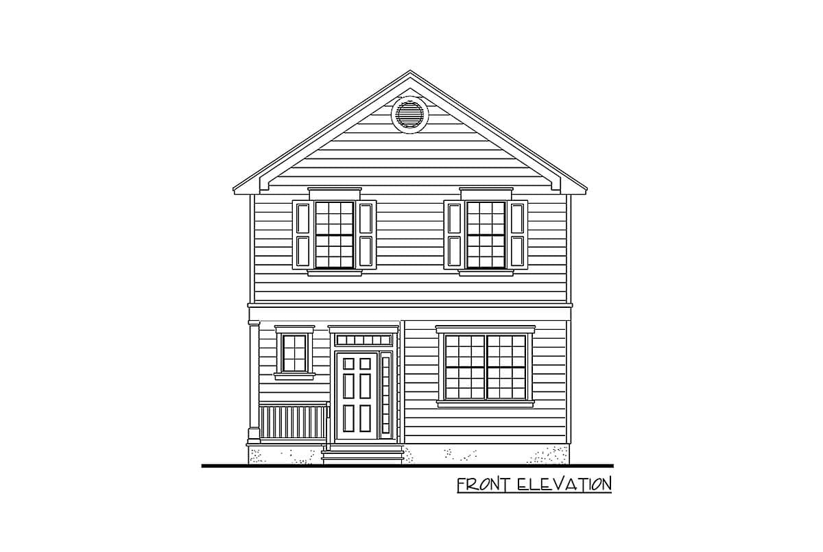 Front elevation drawing of a two-story house with a gable roof, a central door, and multiple windows.