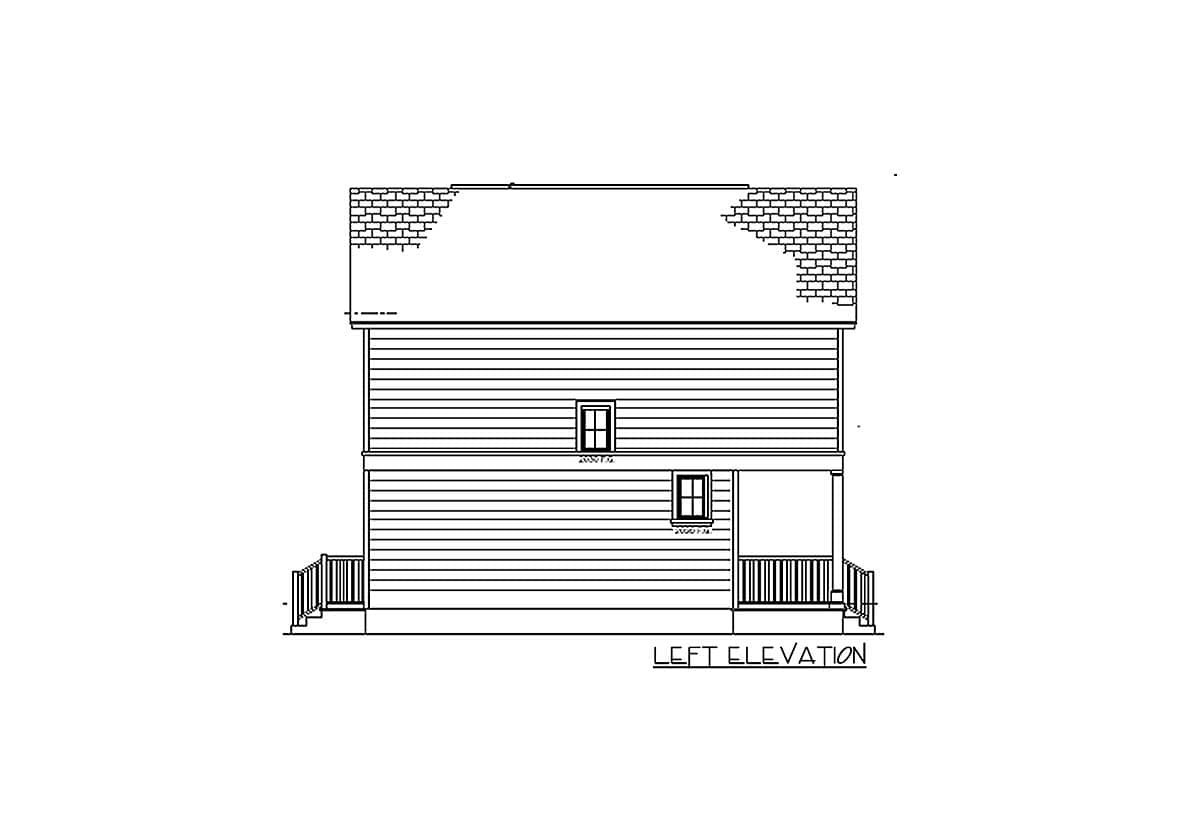 Left elevation drawing of a two-story house plan with horizontal siding, two windows, and a porch with railings.