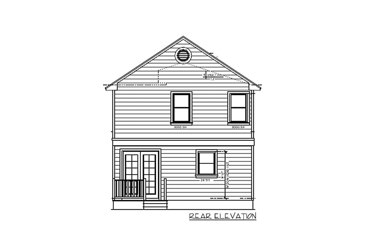 Rear elevation of a two-story house plan featuring double doors with a small porch, a single window, and a circular vent in the gable.