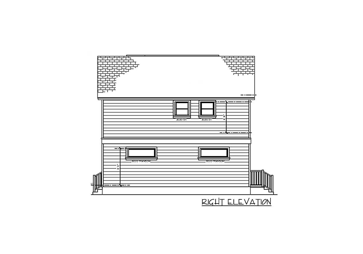 Right elevation house plan drawing showing two stories with horizontal siding, two windows on the first level, and two windows on the second level.