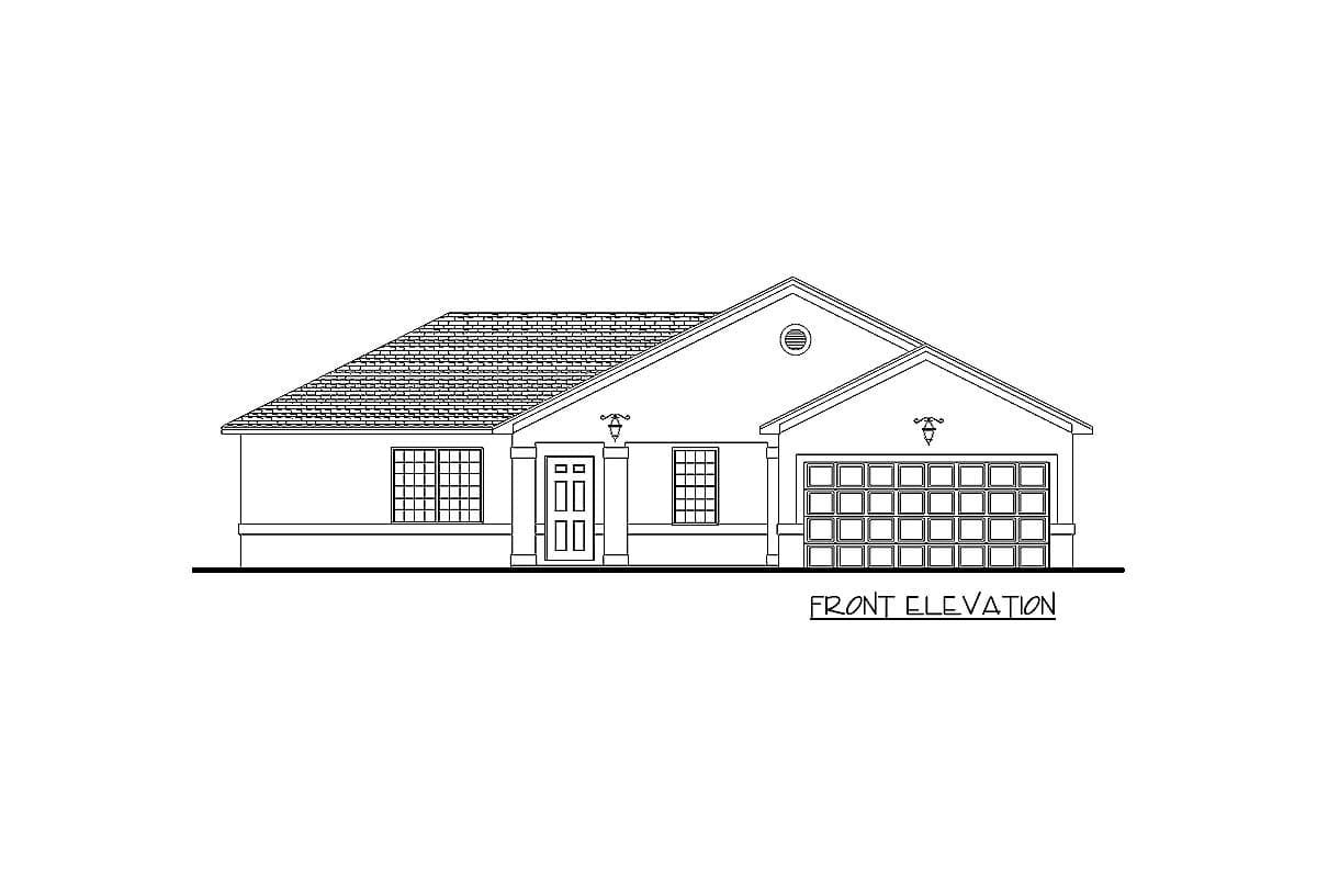 Front elevation drawing of a single-story house with a gable roof, attached garage, and double front doors.