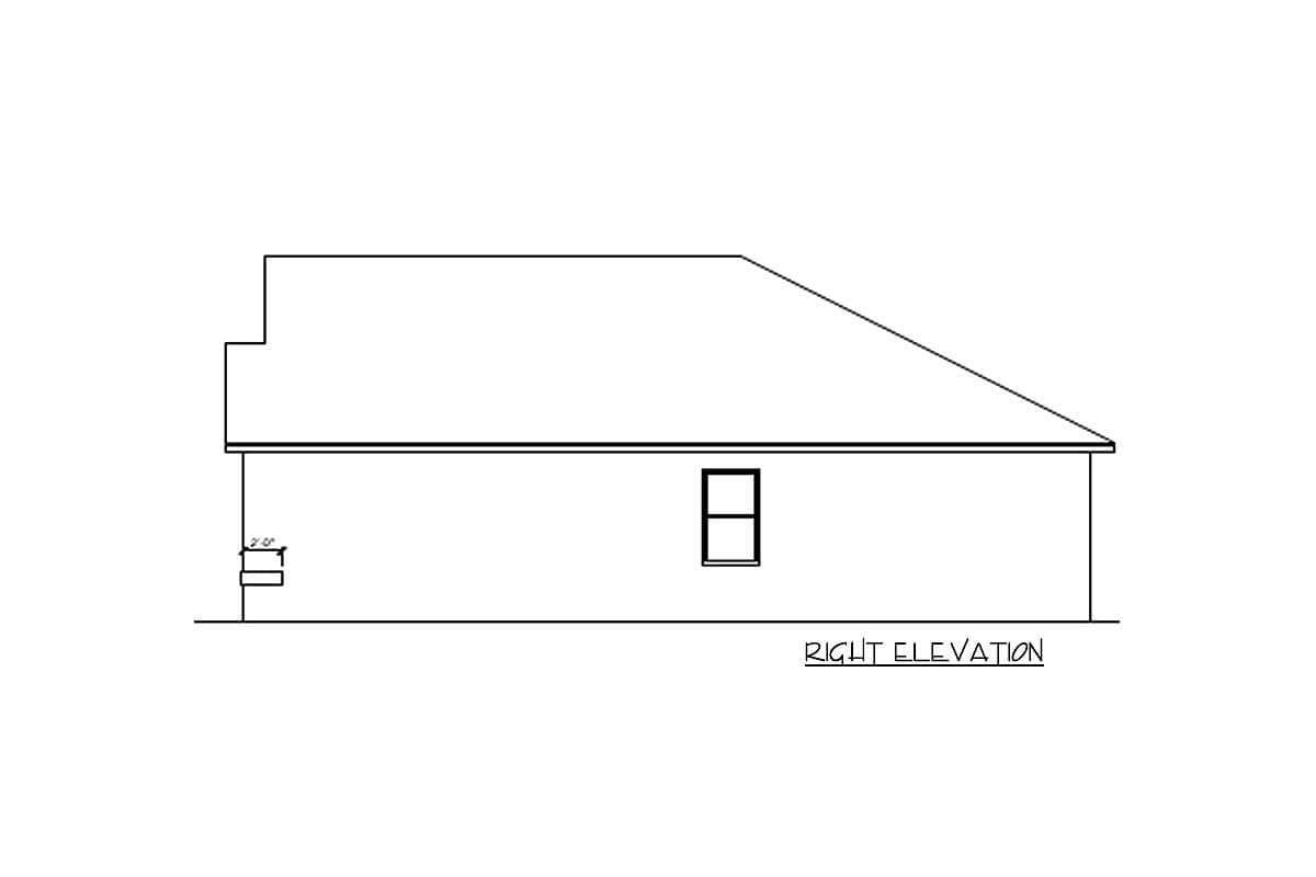 House plan right elevation drawing showing a single window and a projecting vent.