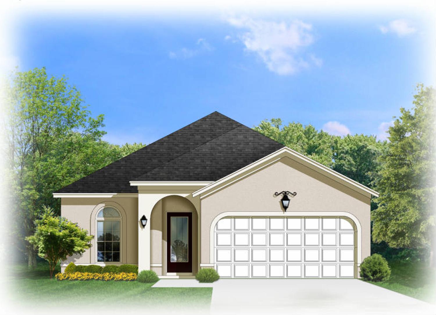 House plan exterior of a one-story home with a covered entry, arched window, and a two-car garage.