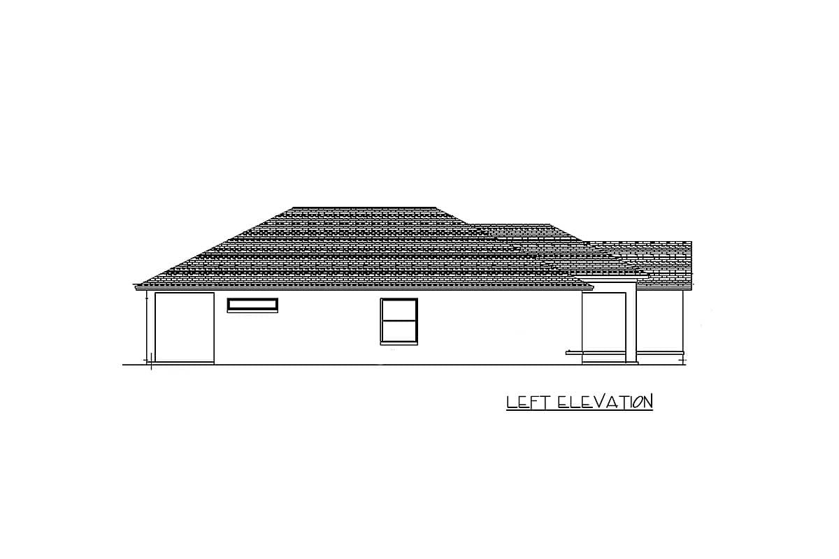 Left elevation drawing of a one-story house plan with a pitched roof, two windows, and an attached garage.