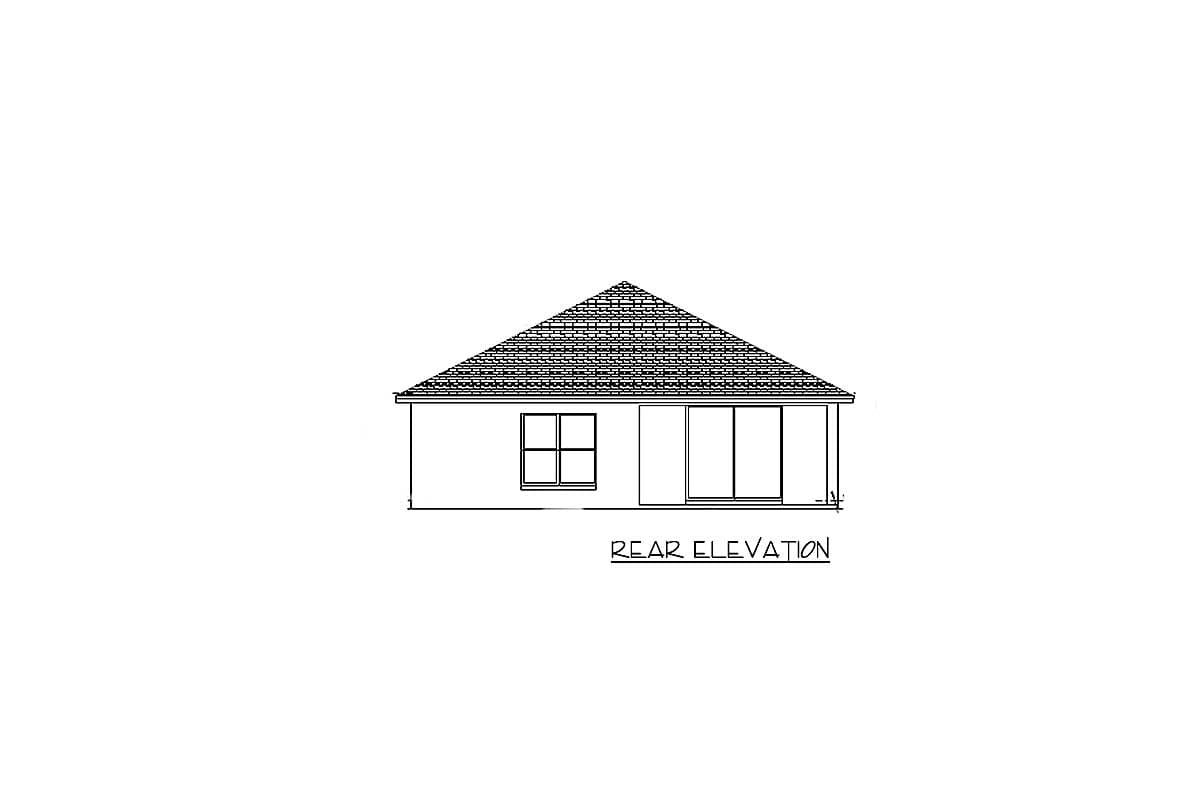 Rear elevation drawing of a house plan with a hipped roof, one window, and sliding glass doors.