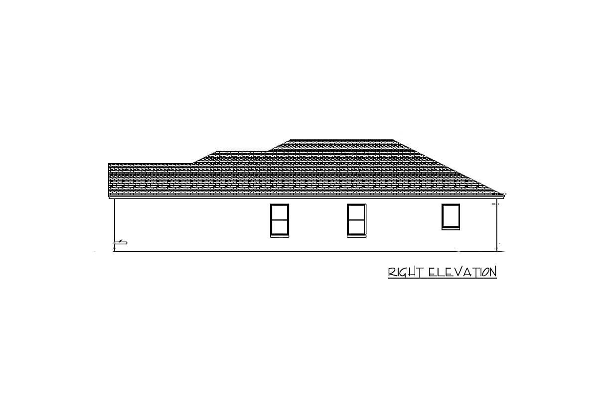 Right elevation house plan drawing showing a complex roofline and three windows on the right side.