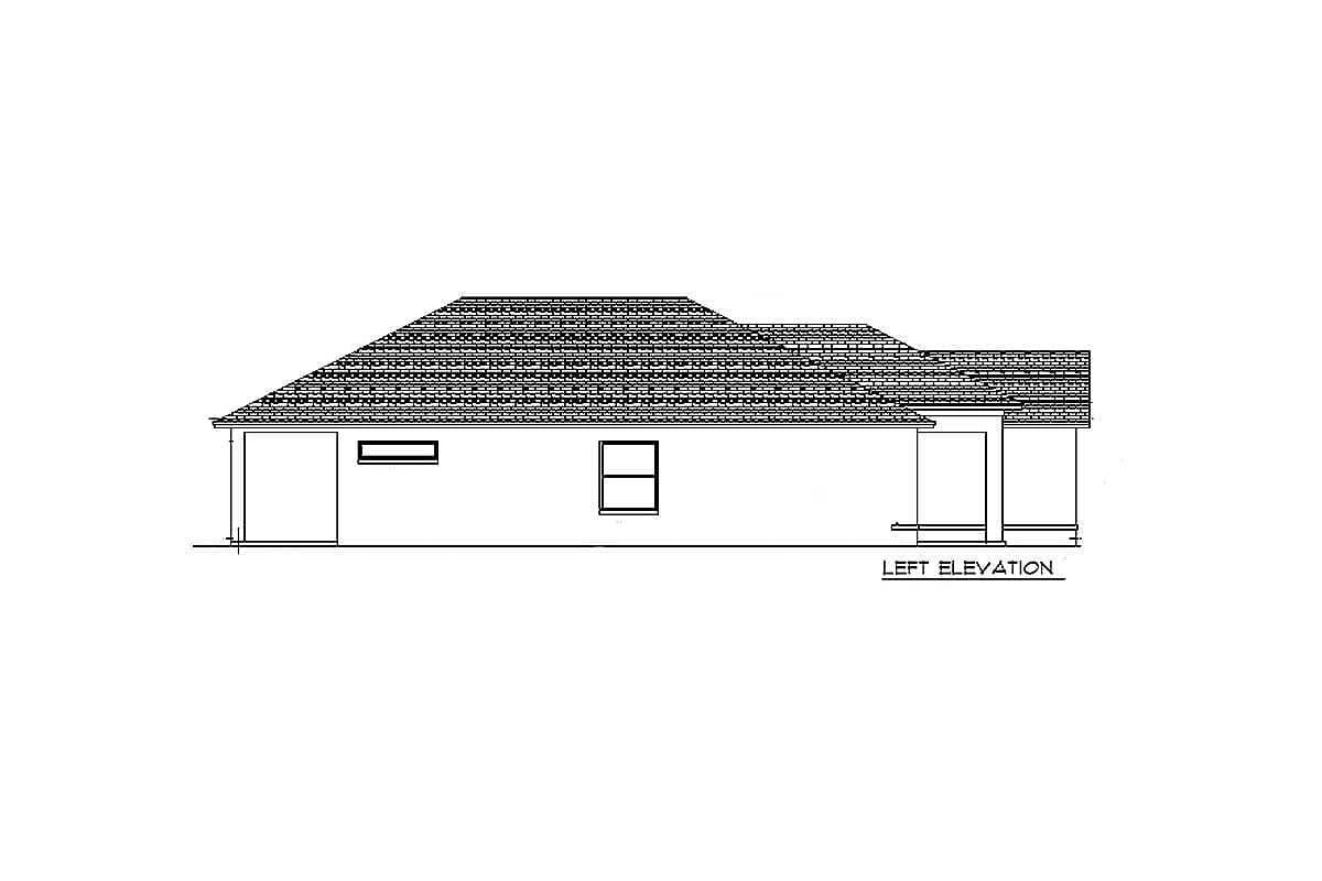 Left elevation drawing of a house plan, showing a hip roof, two windows, and a covered porch.