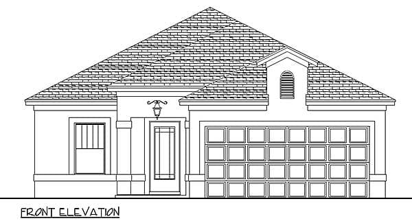 Front elevation drawing of a one-story house plan with a prominent gable dormer over a three-car garage.