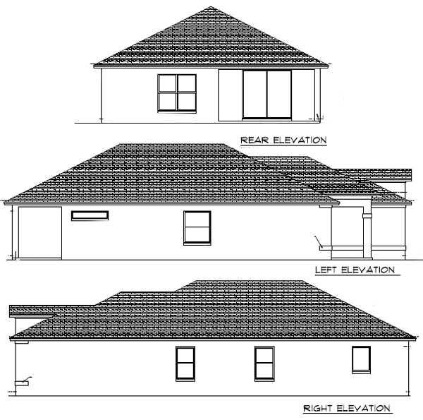 Rear, left, and right elevations of a single-story house plan featuring a hip roof, porch with columns, and various window configurations.