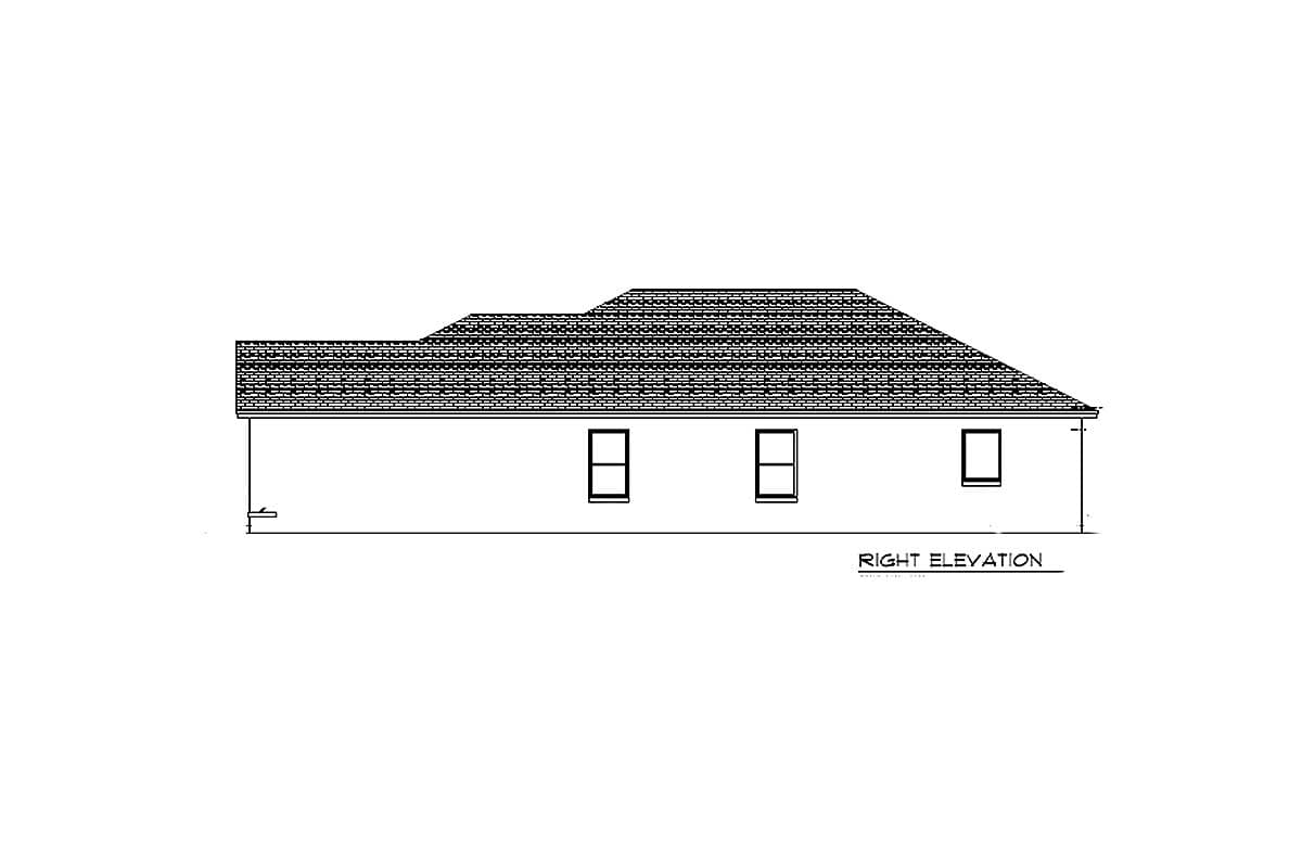 Right elevation drawing of a house plan featuring a hip roofline and three windows.