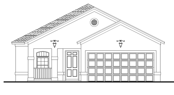 House plan exterior: one-story home with a gable roof, porch, arched window, double door entry, and a multi-panel garage door.