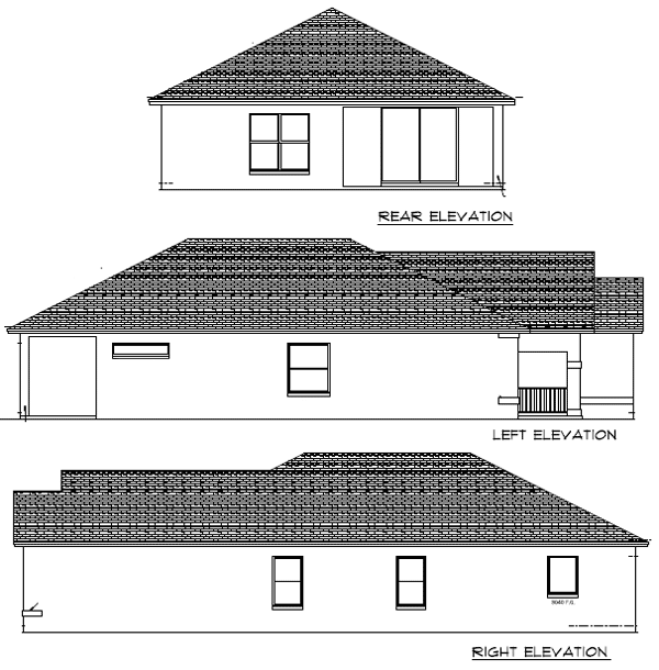 House plan rear, left, and right elevations showing a one-story structure with a gabled roof, garage, and covered porch.