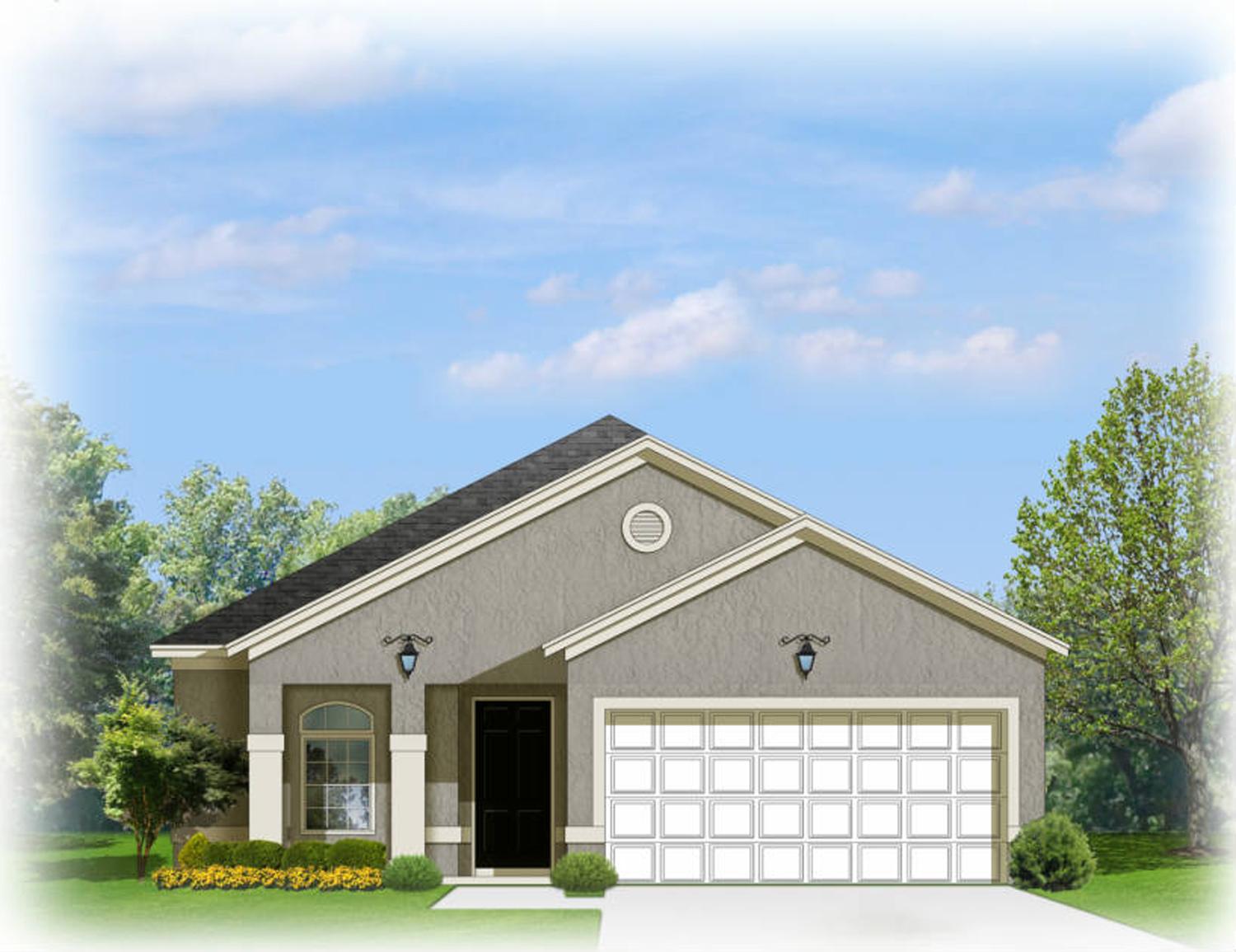 Ranch house plan exterior with a front-facing garage, arched window, and simple gabled roofline.