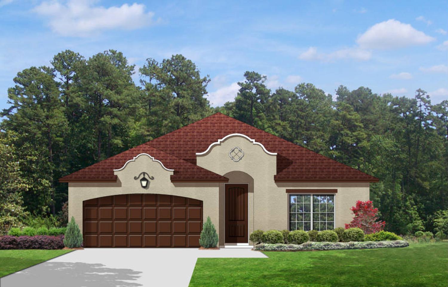 House plan exterior of a one-story stucco home with a red tile roof, arched garage door, and decorative gable detailing.