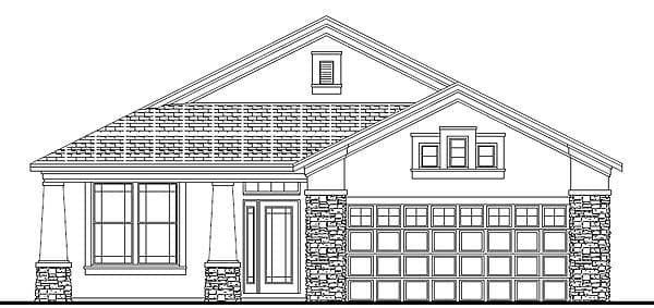 House plan exterior: One-story Modern Farmhouse with stone accents, covered entry, dormer window and two-car garage.