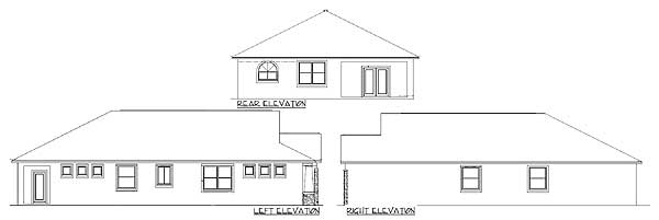 Architectural house plan elevations: left side, right side, and rear views showing window placement and rooflines.