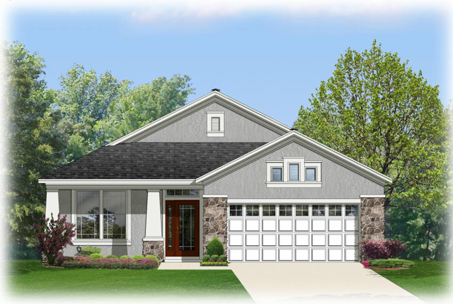 House plan exterior of a one-story home with stone accents, a covered entry, gable dormer, and a two-car garage.