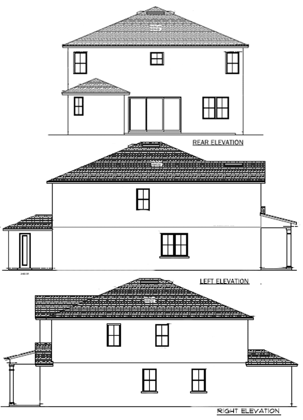 Rear, left, and right elevations of a two-story house plan. Features include a hipped roof, numerous windows, and a sliding glass door on the rear.