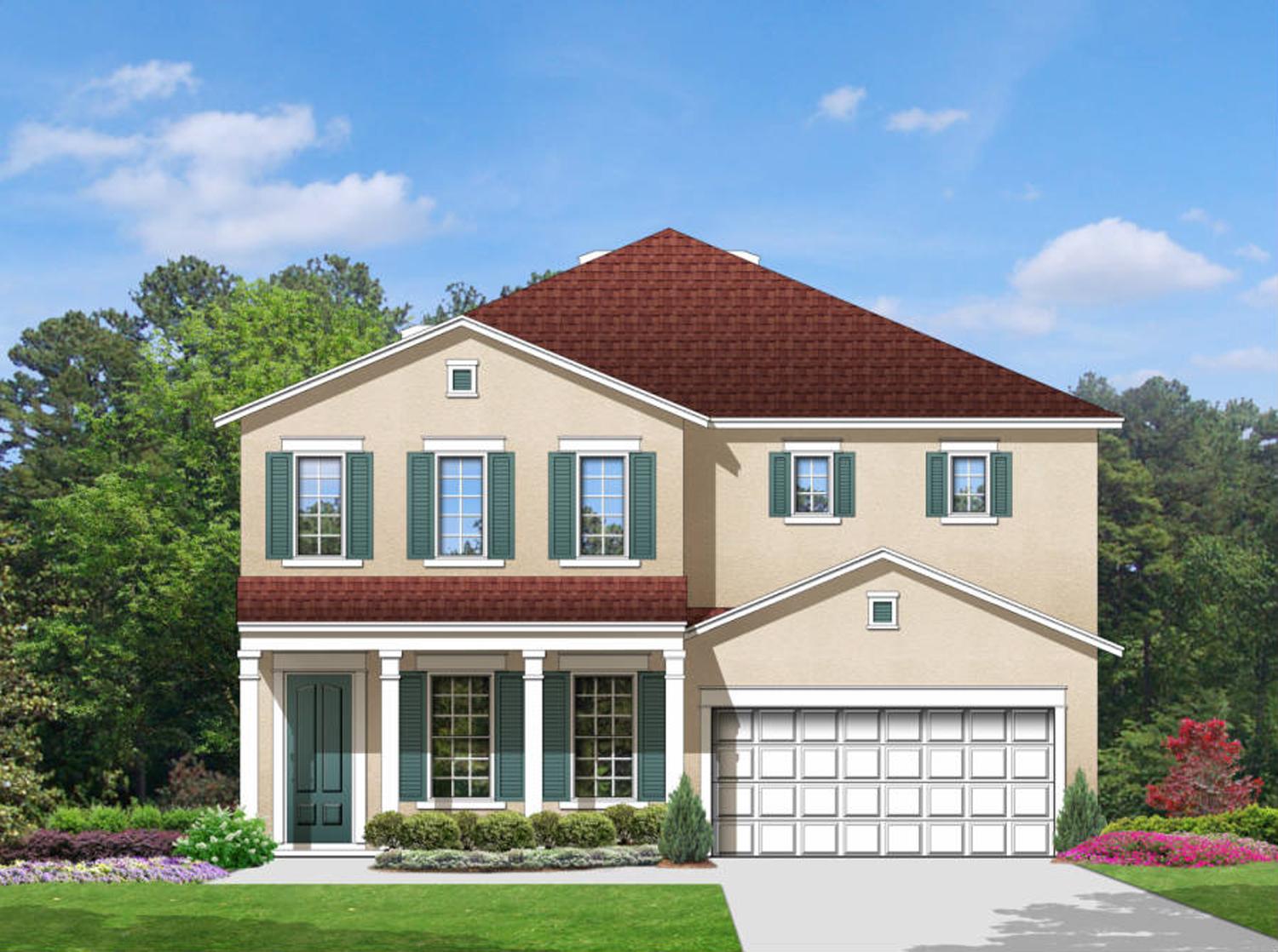 Two-story house plan exterior with a covered porch, multiple gables, and an attached garage.