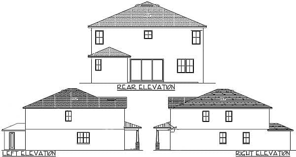 Floor plan elevations: rear, left, and right views of a two-story house with gabled roofs, multiple windows, and covered porch.