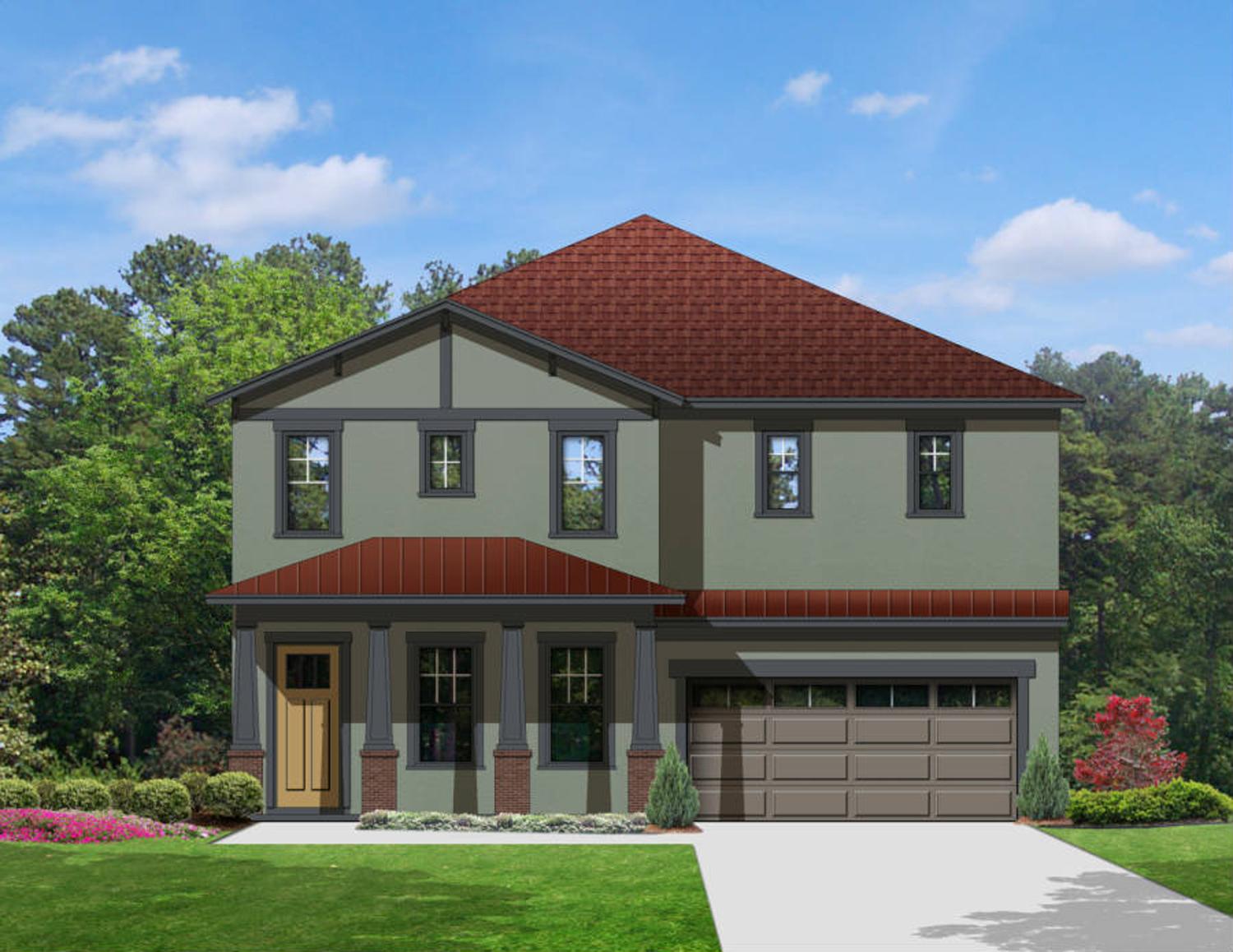 House plan exterior: two-story home with a covered front porch, prominent gable, and attached two-car garage.