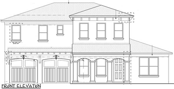 Front elevation drawing of a two-story house plan with a covered entryway, arched double garage doors, and multiple windows.