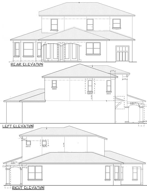 Rear, left, and right elevation drawings of a two-story house plan featuring gabled roofs, dormers, and an arched porch.