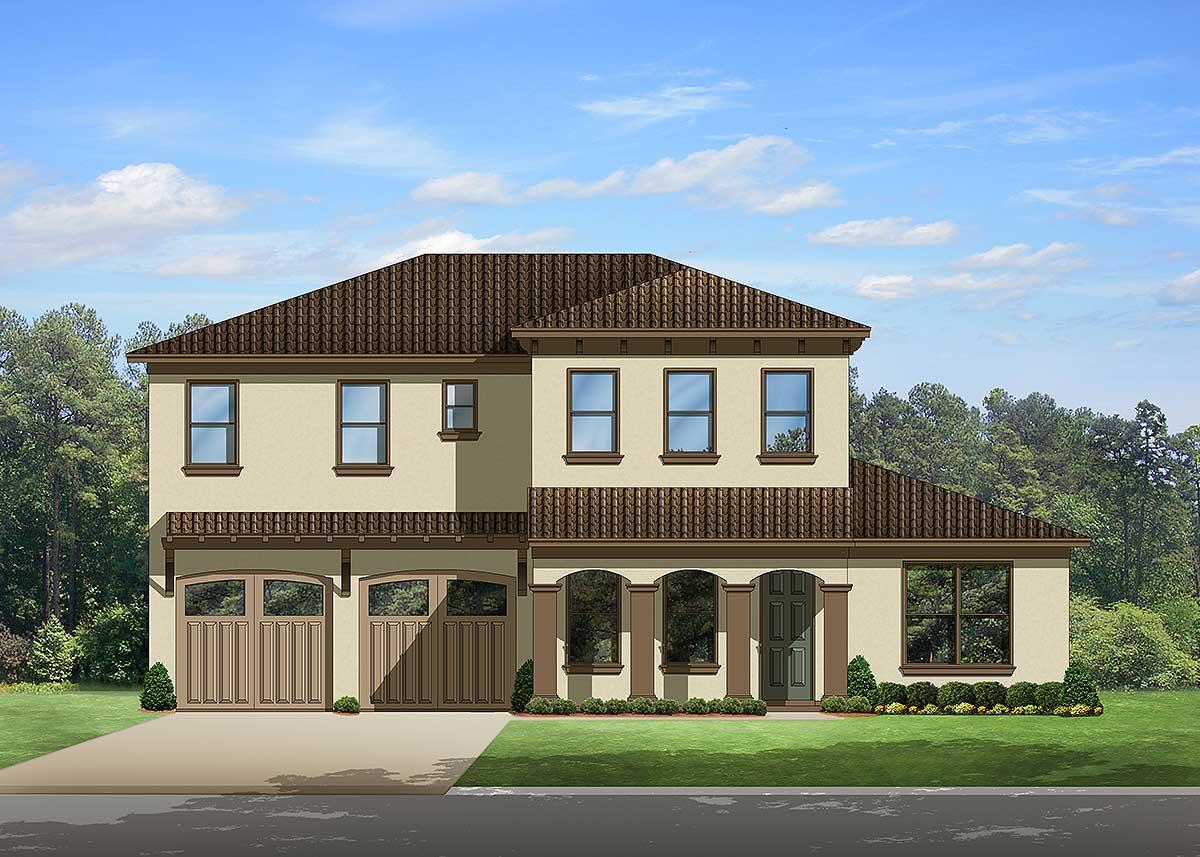 Two-story house plan exterior with arched garage doors, covered entryway with columns, and a tile roof.
