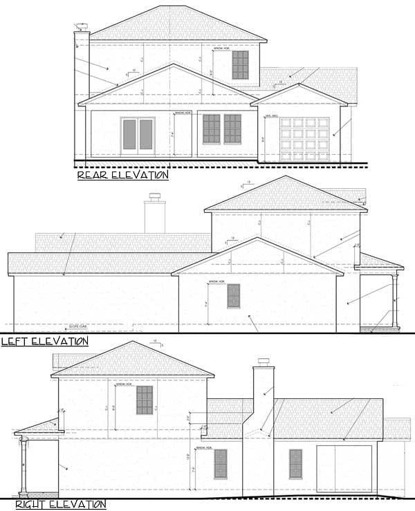 Architectural drawing of a two-story house plan showing rear, left, and right exterior elevations with a garage and porch.