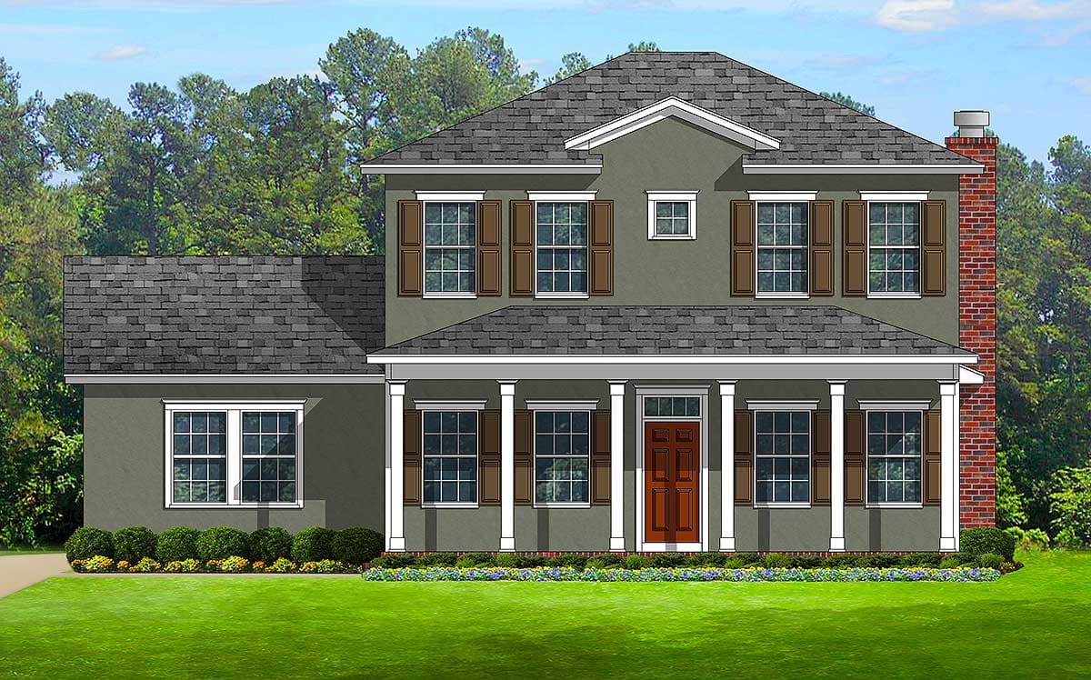 House plan exterior: Two-story home with a covered front porch, multiple gables, and a brick chimney.