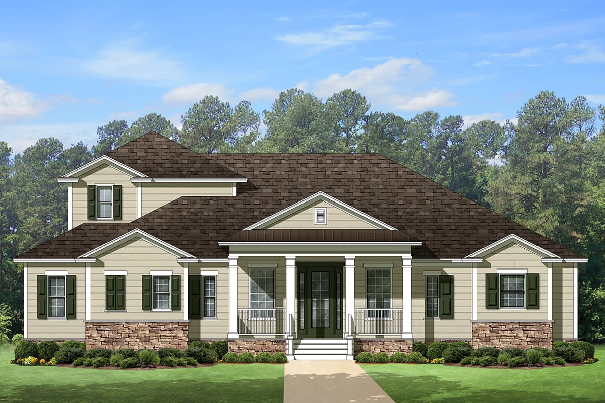 House plan exterior: Two-story home with covered front porch, prominent gables, stone accents, and dormer windows.