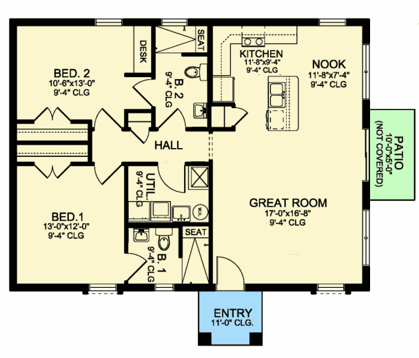 Plan 82101KA: Simple 2 Bed Home with Detached Garage - Floor Plan - Main Level - Southern