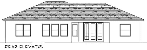 Rear elevation drawing of a house plan with a hip roof, multiple windows, and double doors.