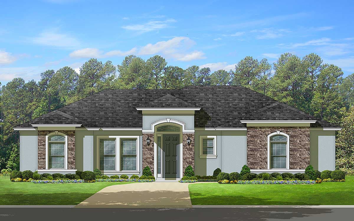 House plan exterior rendering of a one-story home with stone accents, arched windows, and a covered entryway with double doors.