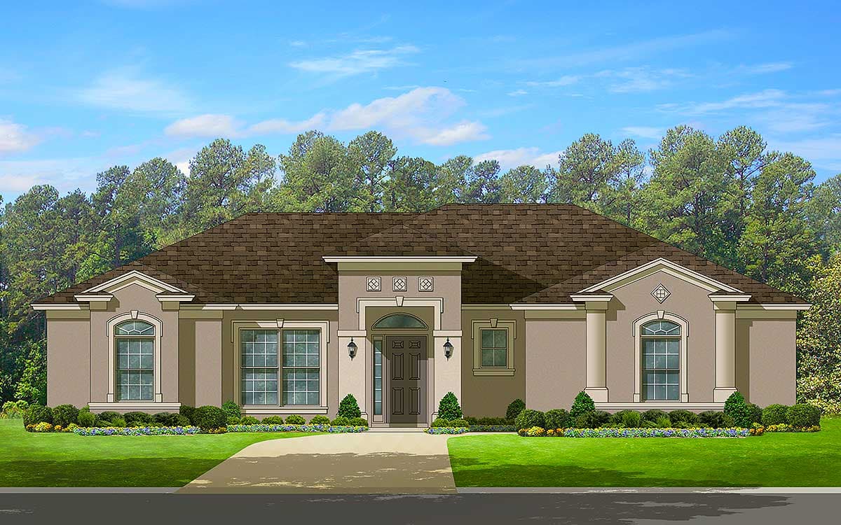 House plan exterior: Single-story home with arched entry, decorative gables, and multiple symmetrical windows.