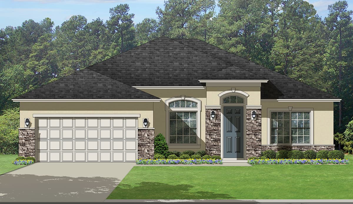 House plan exterior: Single-story home with attached garage, stone accents, arched windows and entry.