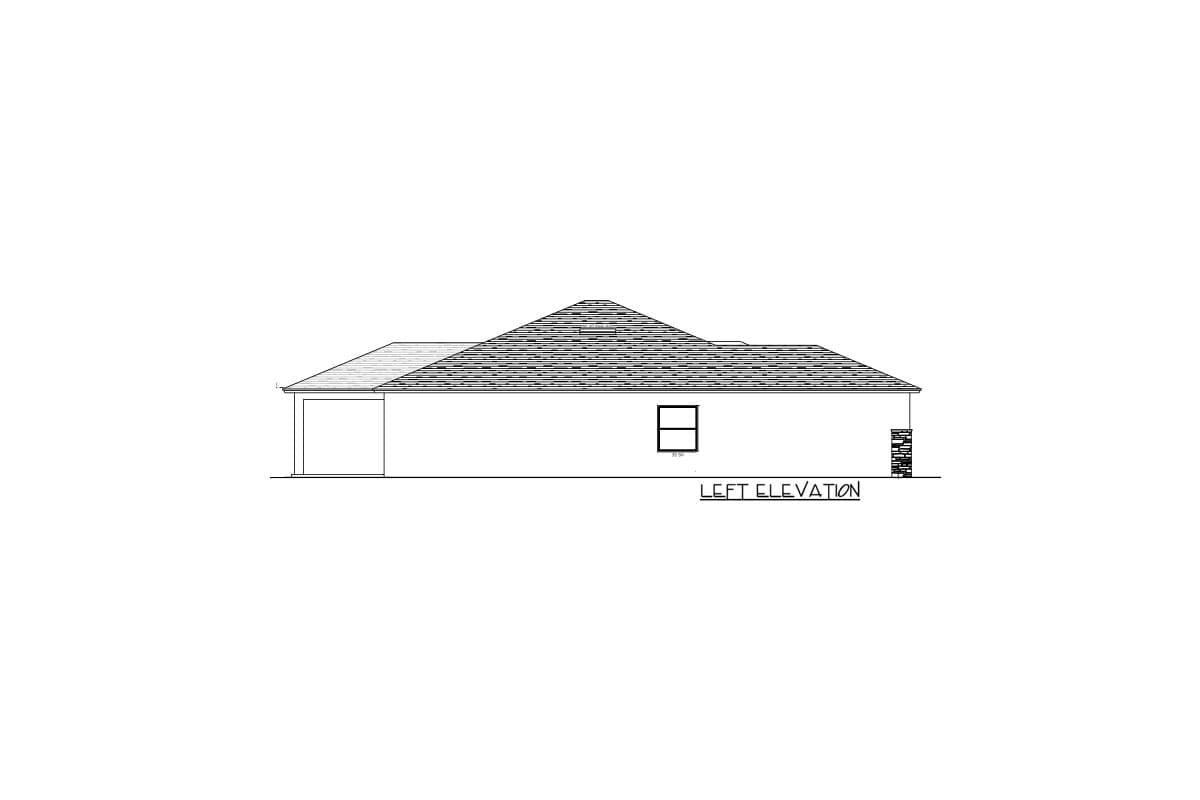 Left elevation of a house plan, showing a one-story structure with an attached garage, gabled roof, and a single window.