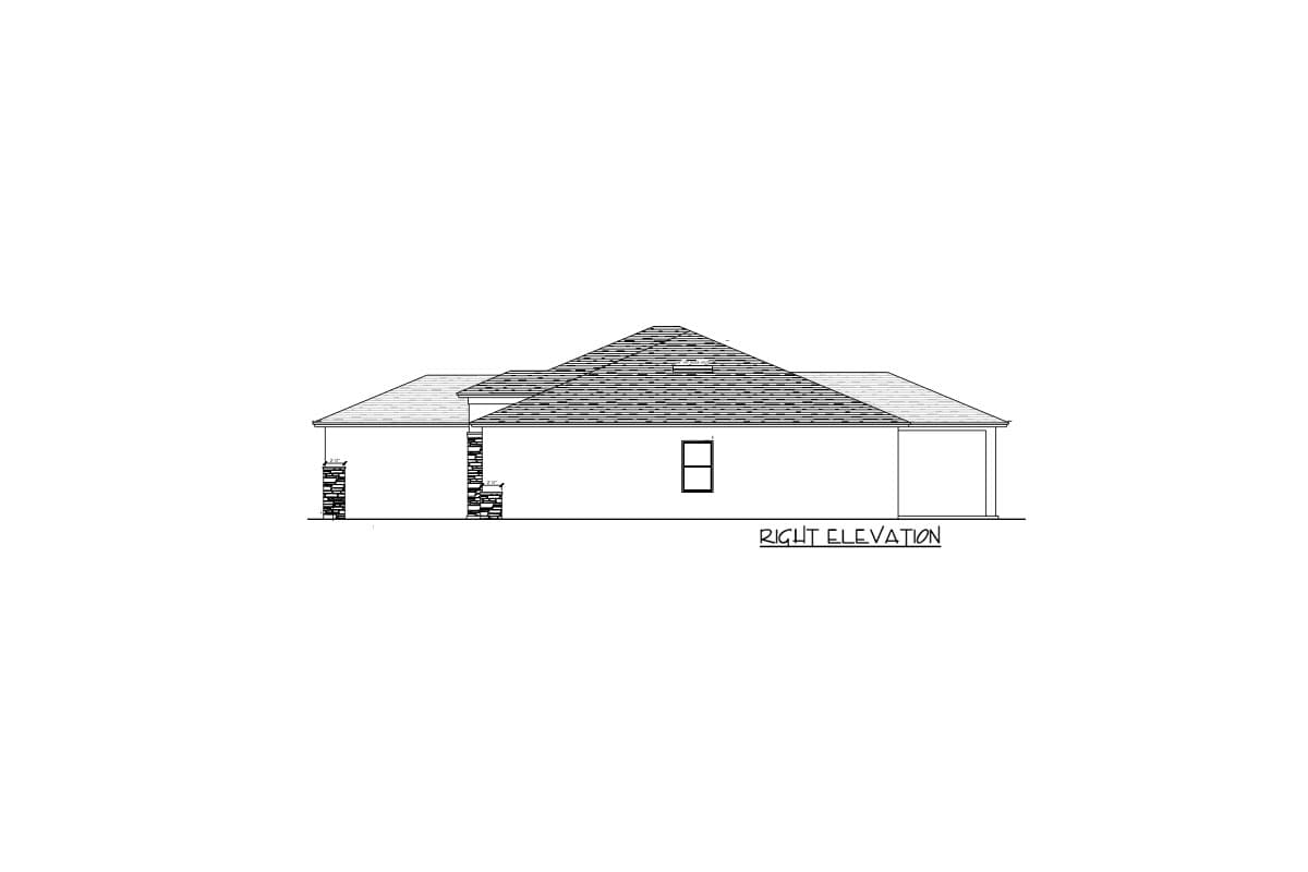 Right elevation drawing of a one-story house plan with a hip roof, stone accents, and a covered porch.
