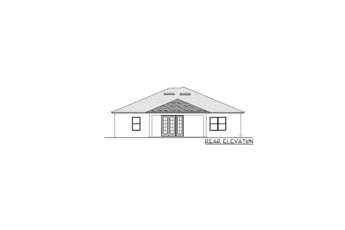 Rear elevation house plan showing a hip roof, central double doors, and flanking windows.