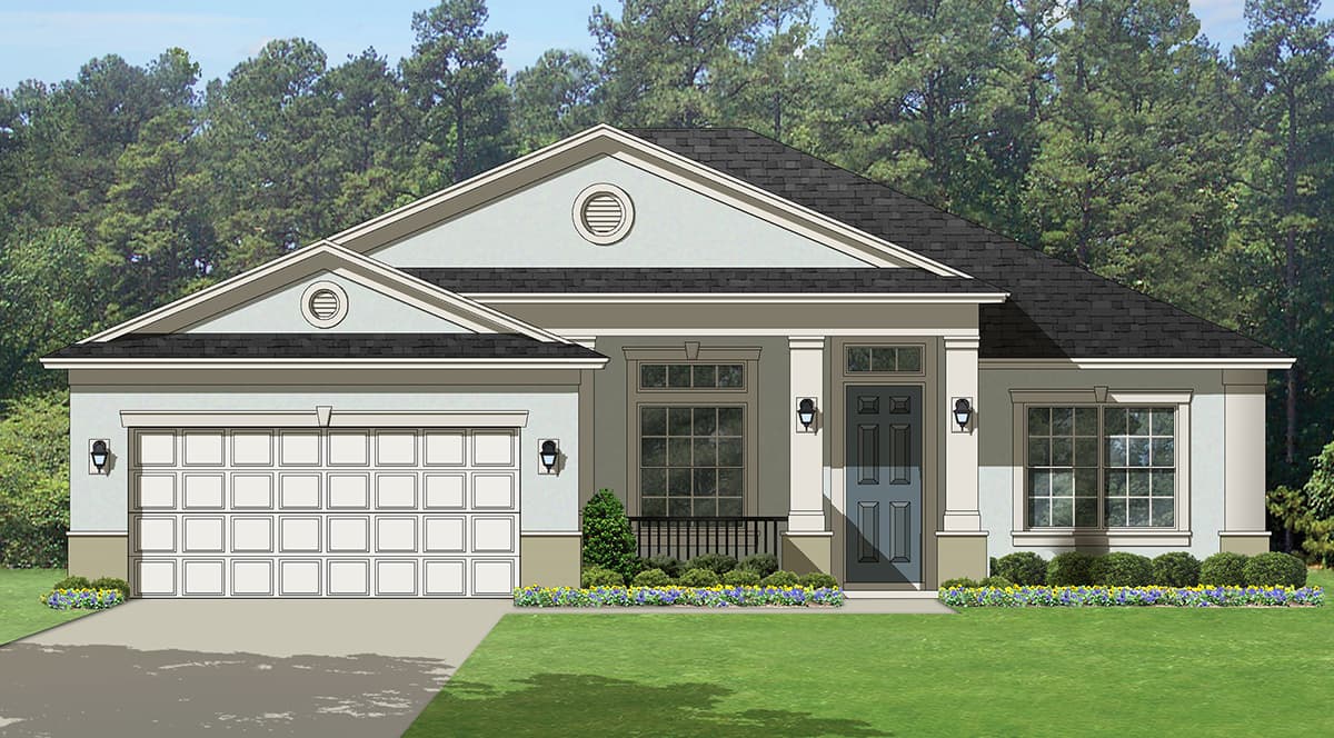 House plan exterior: single-story home with a gabled roof, a wide garage door, and a covered front porch.