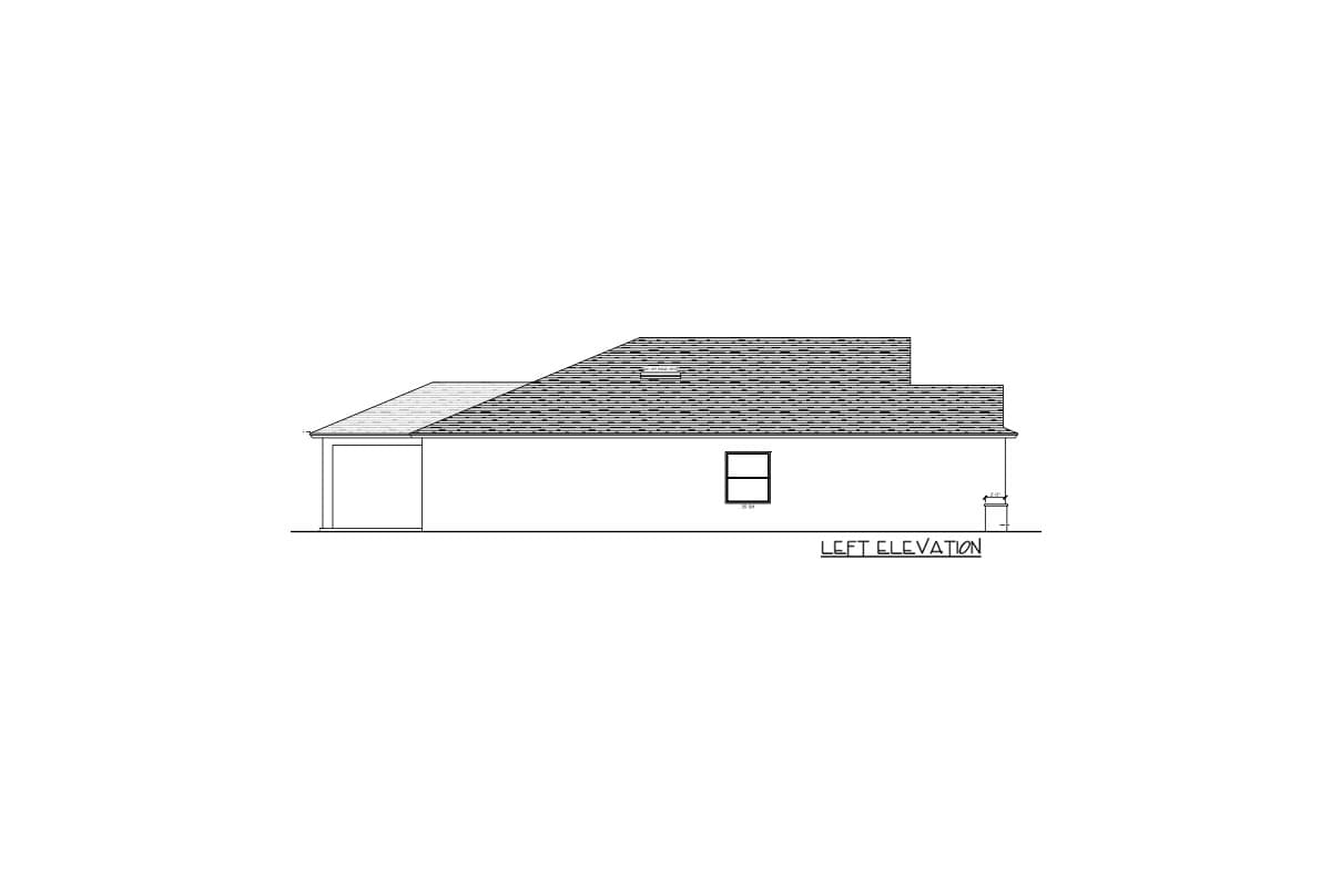 Left elevation drawing of a single-story house plan with an attached garage, hip roof, and one window.
