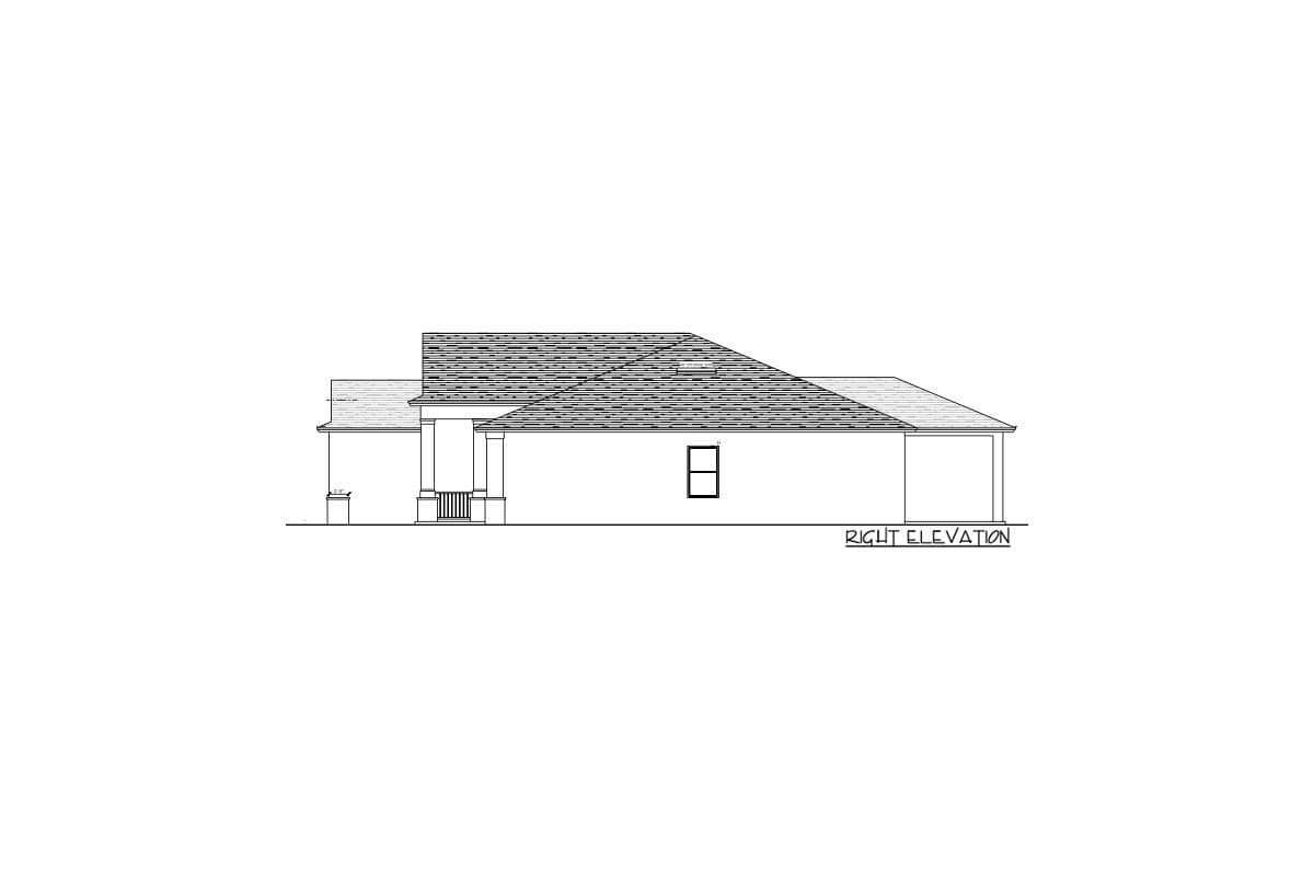 Right elevation house plan showing a single-story structure with a covered porch, gabled roof sections, and a visible window.