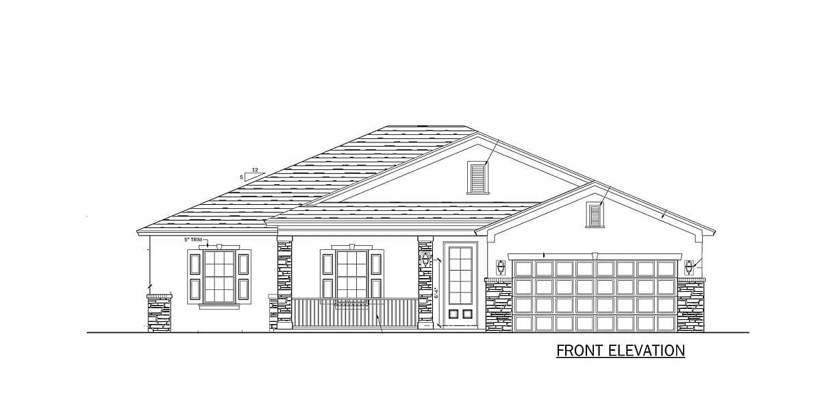 Front elevation house plan featuring a covered porch, multiple gables, a two-car garage, and stone accents.