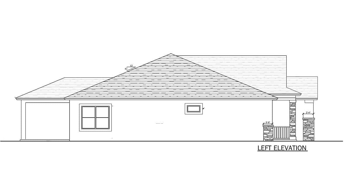 Left elevation house plan with hip roof, covered porch, and stone-clad support columns.